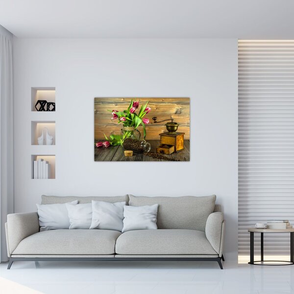 Slika - tulipani, mlinac i kava (90x60 cm)
