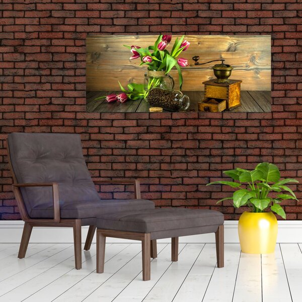 Slika - tulipani, mlinac i kava (120x50 cm)