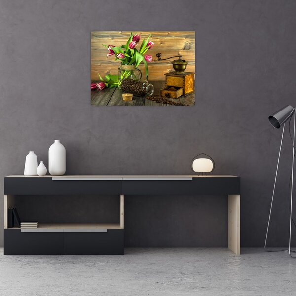 Slika - tulipani, mlinac i kava (70x50 cm)
