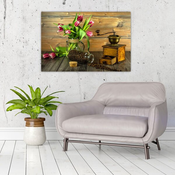 Slika - tulipani, mlinac i kava (90x60 cm)