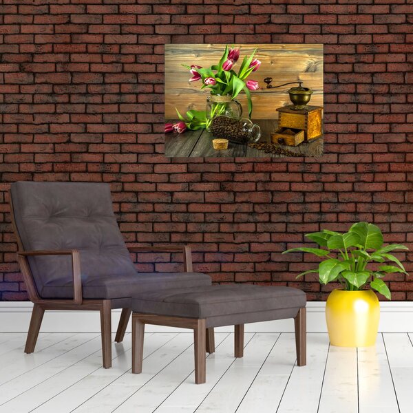 Slika - tulipani, mlinac i kava (70x50 cm)