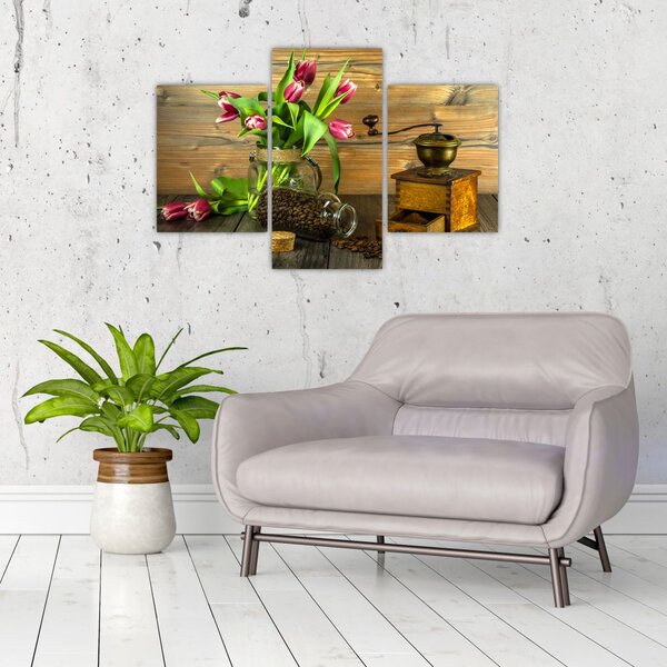 Slika - tulipani, mlinac i kava (90x60 cm)