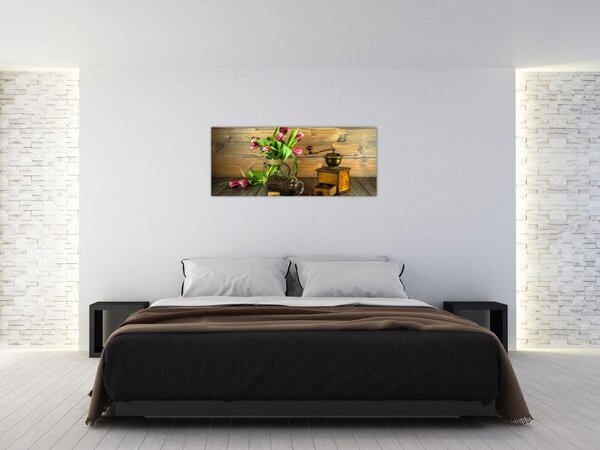 Slika - tulipani, mlinac i kava (120x50 cm)