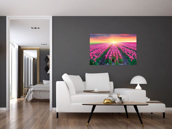 Slika polja tulipana sa suncem (90x60 cm)