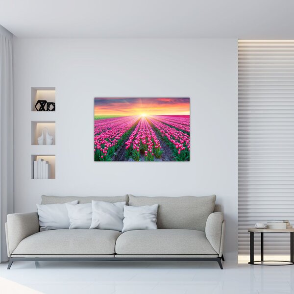 Slika polja tulipana sa suncem (90x60 cm)