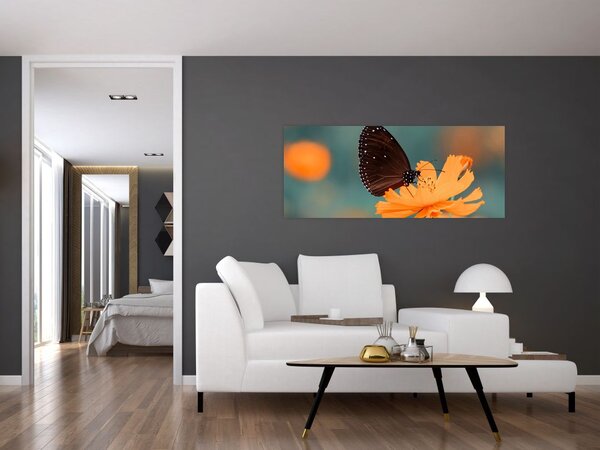 Slika - leptir na narančastom cvijetu (120x50 cm)