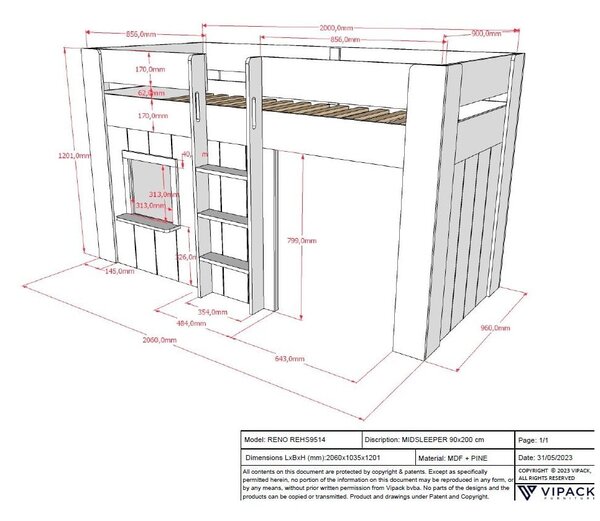 Bijeli podignuti dječji krevet od masivnog bora 90x200 cm RENO – Vipack