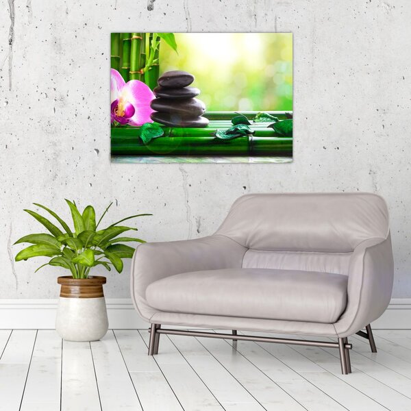 Slika kamenja za masažu i orhideja na vodi (70x50 cm)