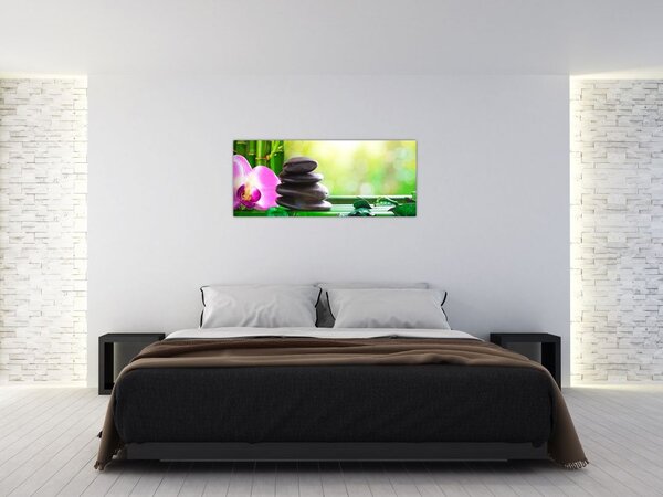 Slika kamenja za masažu i orhideja na vodi (120x50 cm)