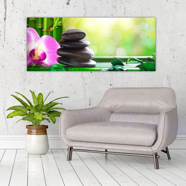Slika kamenja za masažu i orhideja na vodi (120x50 cm)