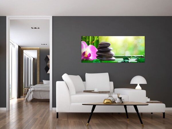 Slika kamenja za masažu i orhideja na vodi (120x50 cm)
