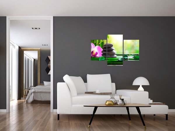 Slika kamenja za masažu i orhideja na vodi (90x60 cm)