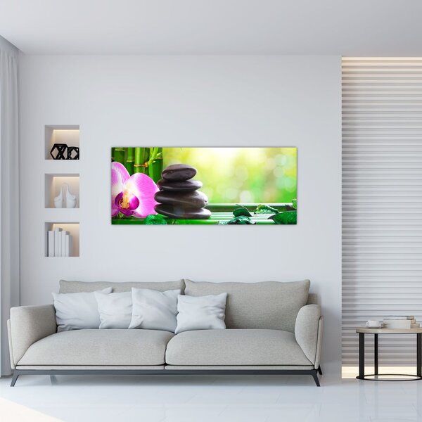 Slika kamenja za masažu i orhideja na vodi (120x50 cm)