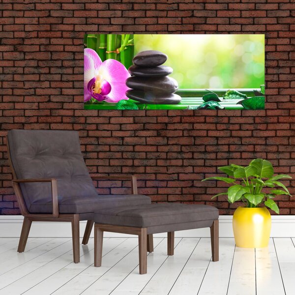 Slika kamenja za masažu i orhideja na vodi (120x50 cm)