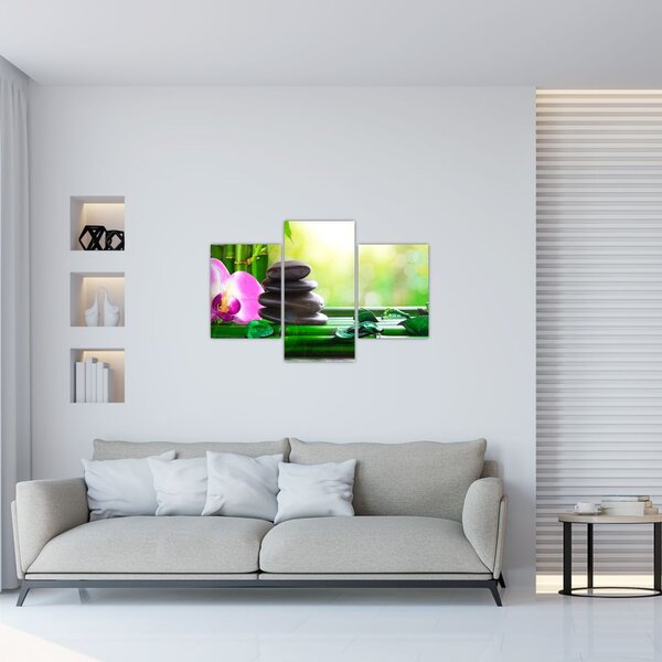 Slika kamenja za masažu i orhideja na vodi (90x60 cm)
