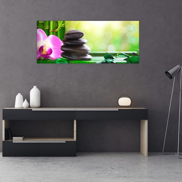 Slika kamenja za masažu i orhideja na vodi (120x50 cm)