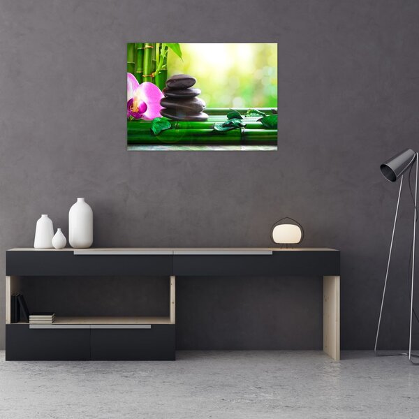 Slika kamenja za masažu i orhideja na vodi (70x50 cm)