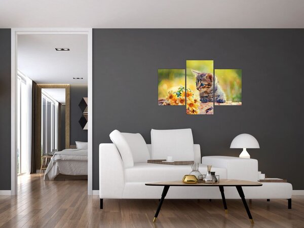 Slika mačića koji gleda cvijet (90x60 cm)