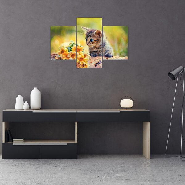 Slika mačića koji gleda cvijet (90x60 cm)