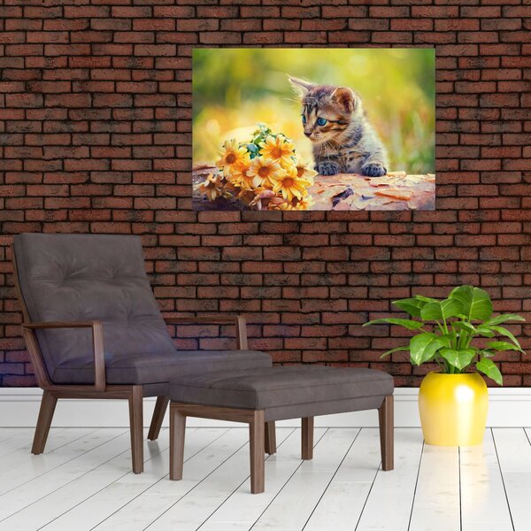 Slika mačića koji gleda cvijet (90x60 cm)