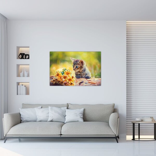 Slika mačića koji gleda cvijet (90x60 cm)
