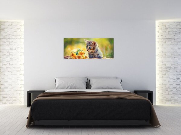 Slika mačića koji gleda cvijet (120x50 cm)