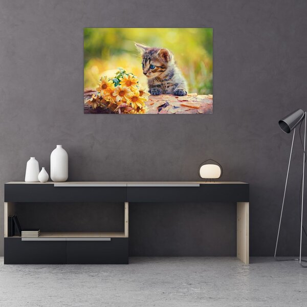 Slika mačića koji gleda cvijet (90x60 cm)