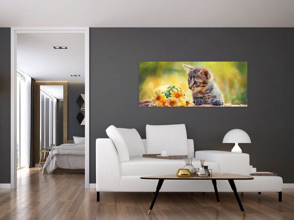 Slika mačića koji gleda cvijet (120x50 cm)