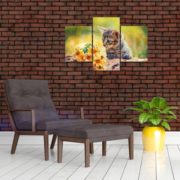 Slika mačića koji gleda cvijet (90x60 cm)