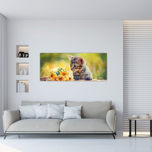 Slika mačića koji gleda cvijet (120x50 cm)