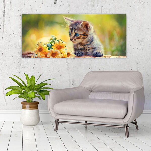 Slika mačića koji gleda cvijet (120x50 cm)