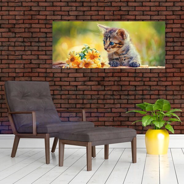 Slika mačića koji gleda cvijet (120x50 cm)