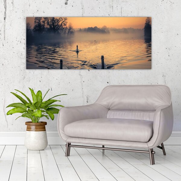 Slika labudova na vodi u magli (120x50 cm)