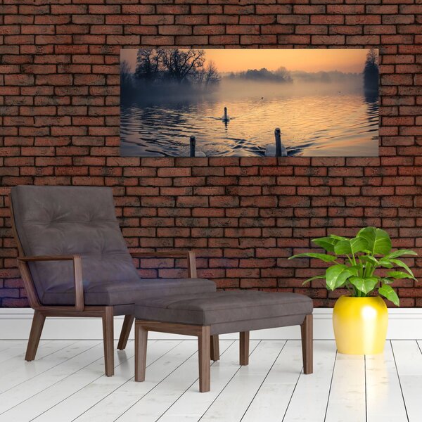 Slika labudova na vodi u magli (120x50 cm)