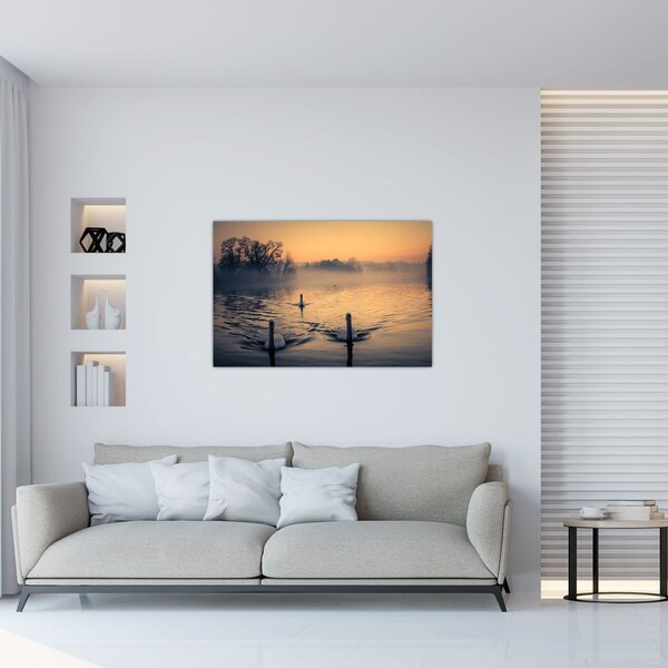 Slika labudova na vodi u magli (90x60 cm)