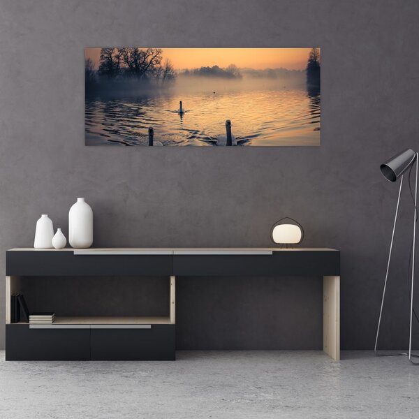Slika labudova na vodi u magli (120x50 cm)