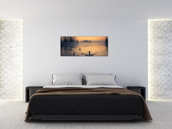 Slika labudova na vodi u magli (120x50 cm)