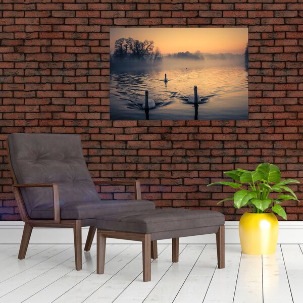 Slika labudova na vodi u magli (90x60 cm)