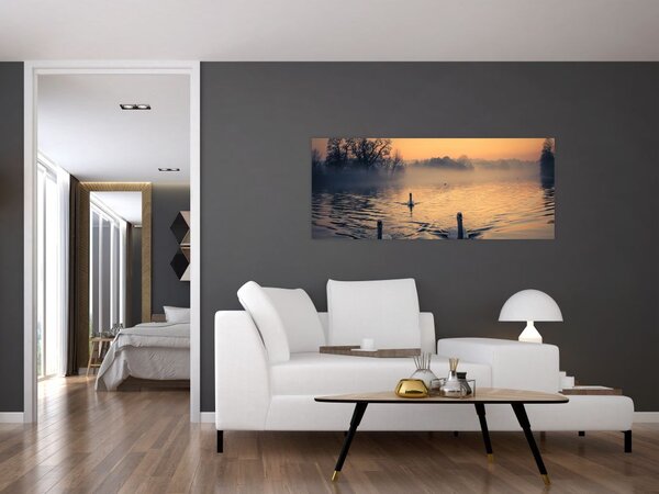 Slika labudova na vodi u magli (120x50 cm)