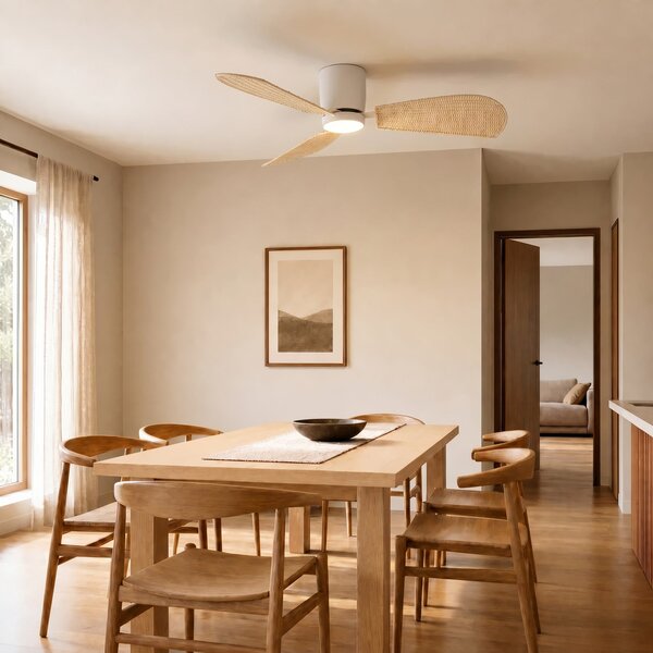 Lucande Faipari LED stropni ventilator, bijela/rattan, DC, 132 cm, Drvo, Dnevni boravak/blagovaonica, Drvo