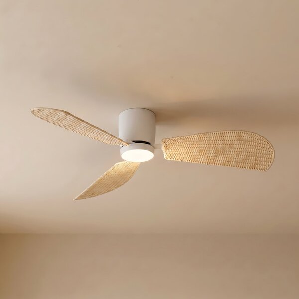 Lucande Faipari LED stropni ventilator, bijela/rattan, DC, 132 cm, Drvo, Dnevni boravak/blagovaonica, Drvo