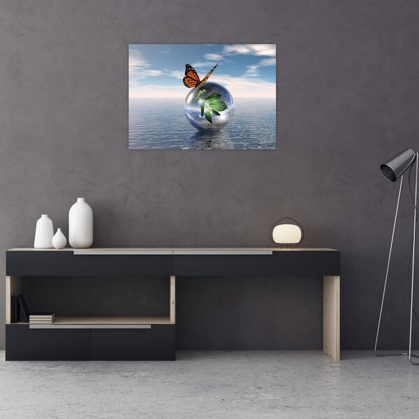 Slika leptira na staklenoj kugli (70x50 cm)