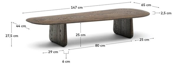 Tamno smeđi stolić za kavu od punog hrasta 64x146 cm Pirita – Kave Home