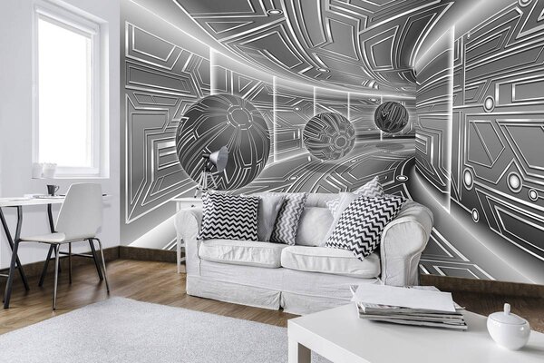 Foto tapeta - 3D sivi tunel sa kuglom (152,5x104 cm)