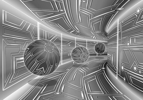 Foto tapeta - 3D sivi tunel sa kuglom (152,5x104 cm)