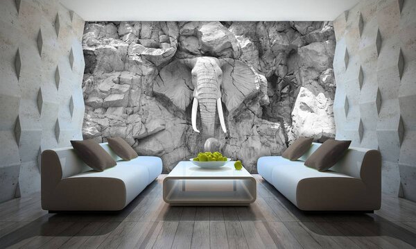 Foto tapeta - Slon uklesan u stijenama - siv (152,5x104 cm)