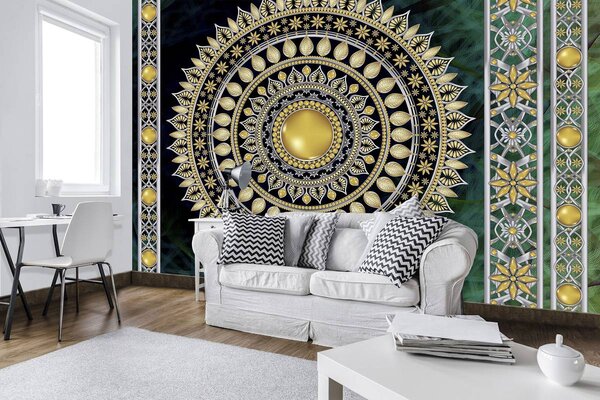 Foto tapeta - Zlatna mandala u zelenoj boji (152,5x104 cm)