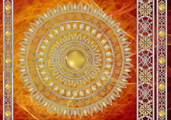 Foto tapeta - Zlatna mandala u crvenoj boji (152,5x104 cm)