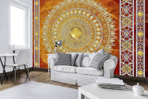 Foto tapeta - Zlatna mandala u crvenoj boji (152,5x104 cm)