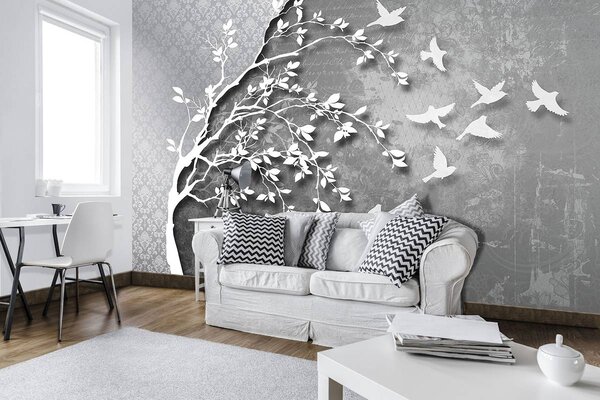 Foto tapeta - Srebrno stablo s pticama (152,5x104 cm)